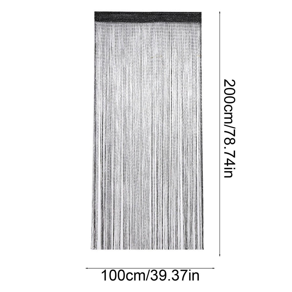 Black Beaded Curtain 100Cm X 200Cm Flat Silver Thread Tassel Partition For Bedroom Entryway Living Room Door Window Decoration Polyester Fabric