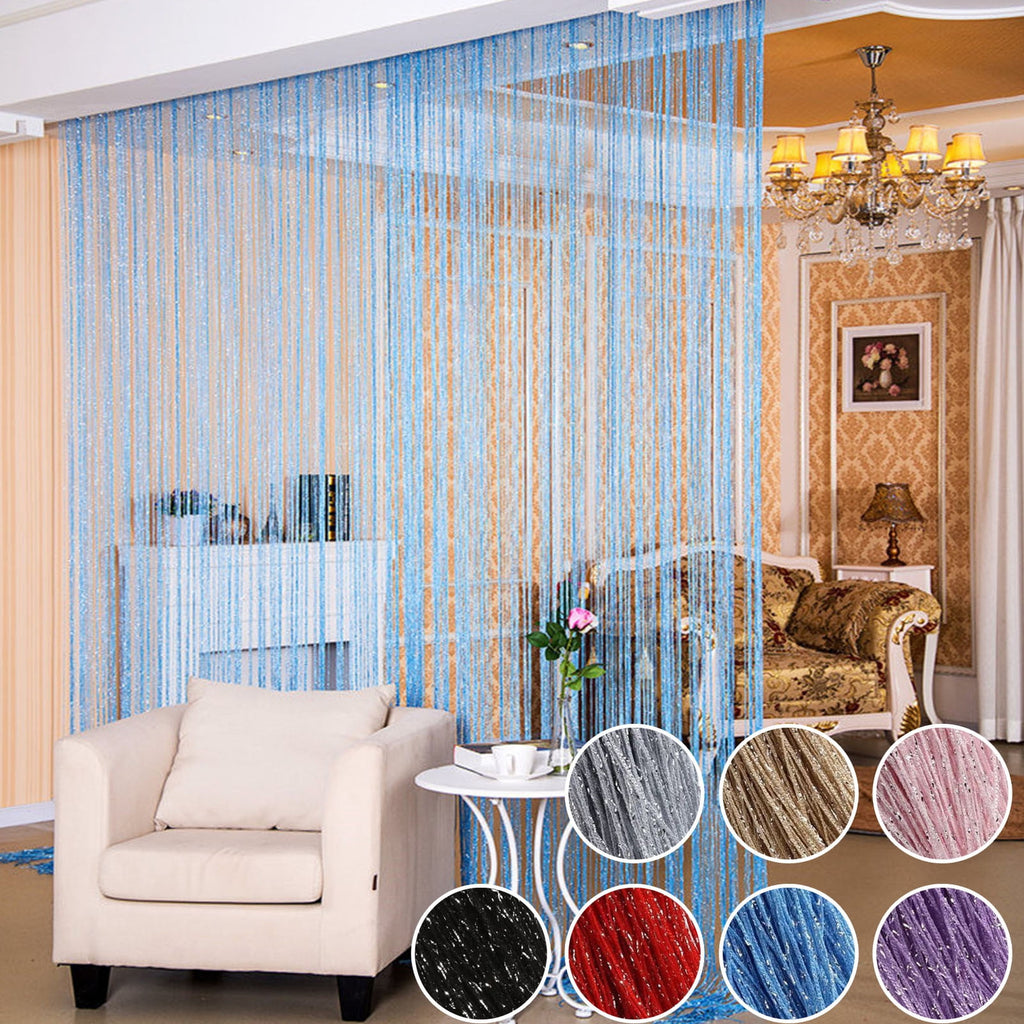 Black Beaded Curtain 100Cm X 200Cm Flat Silver Thread Tassel Partition For Bedroom Entryway Living Room Door Window Decoration Polyester Fabric