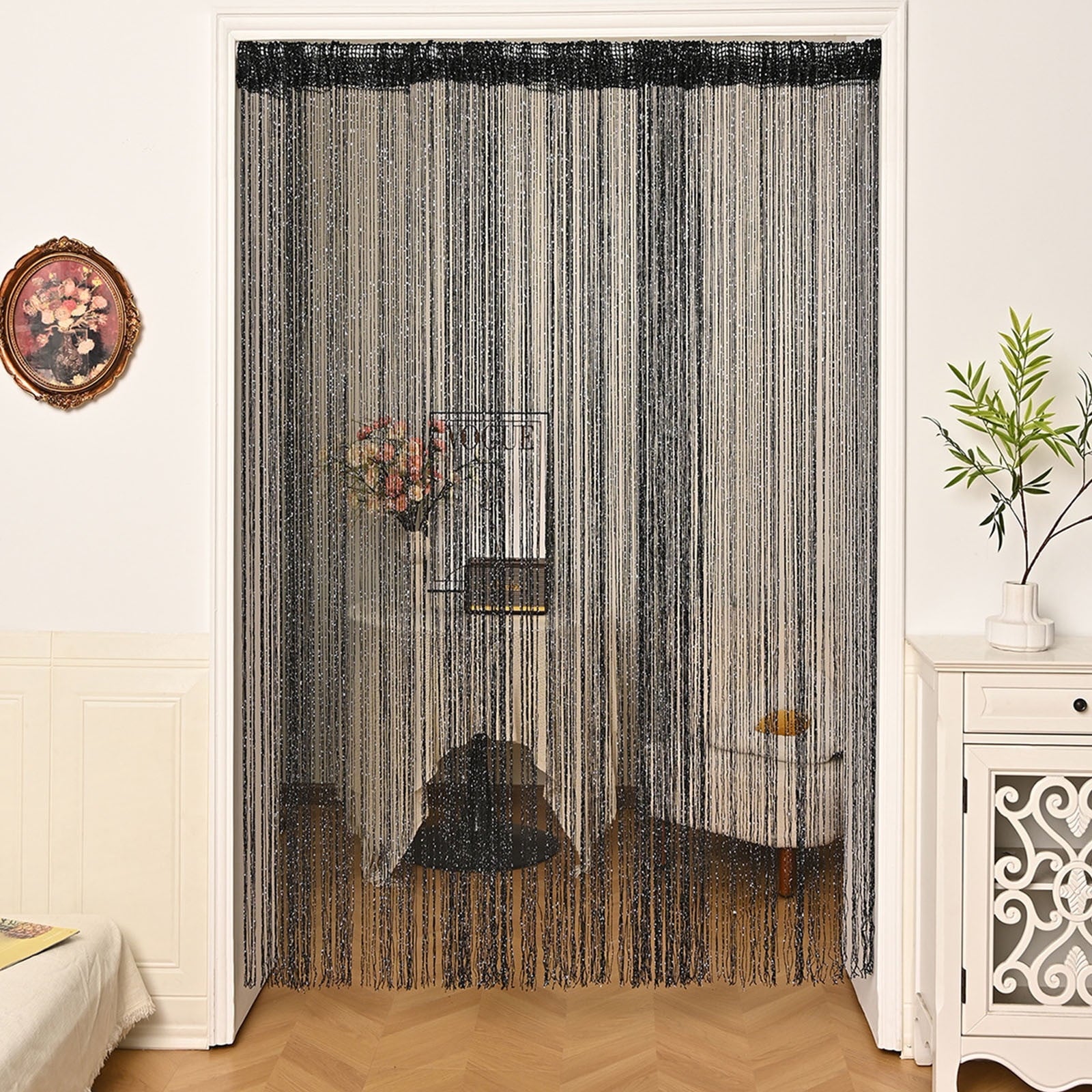 Black Beaded Curtain 100Cm X 200Cm Flat Silver Thread Tassel Partition For Bedroom Entryway Living Room Door Window Decoration Polyester Fabric